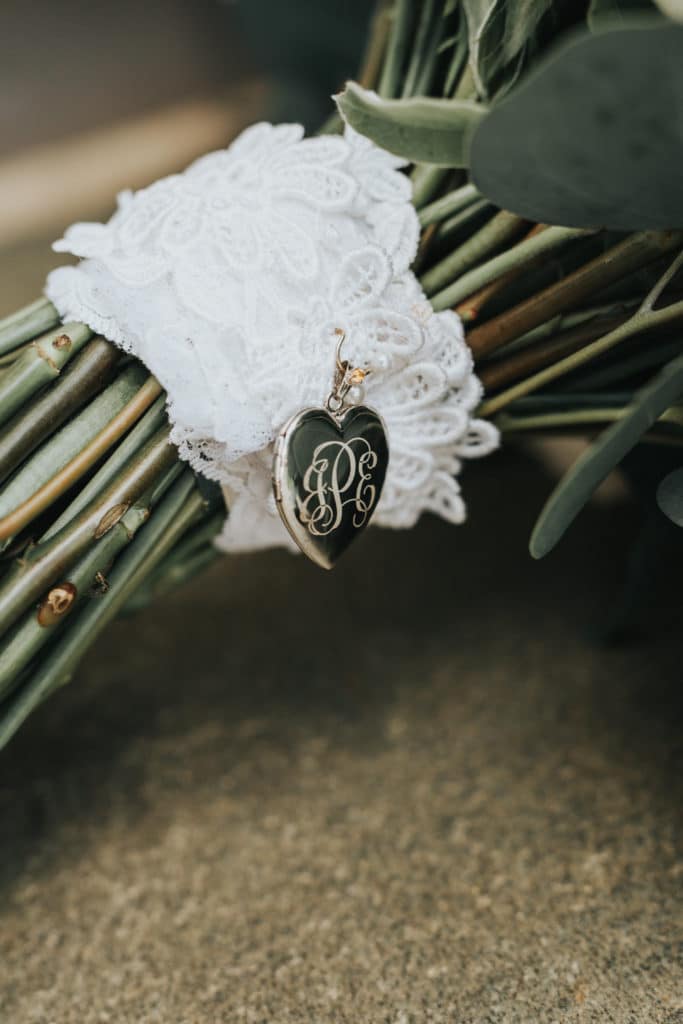 Locket sewn into a bride's bouquet, emotional Charlottesville wedding