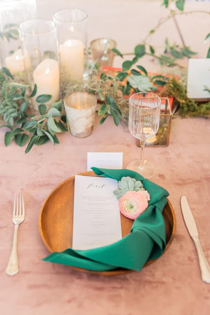 Romantic, fairytale, storybook themed wedding table setting