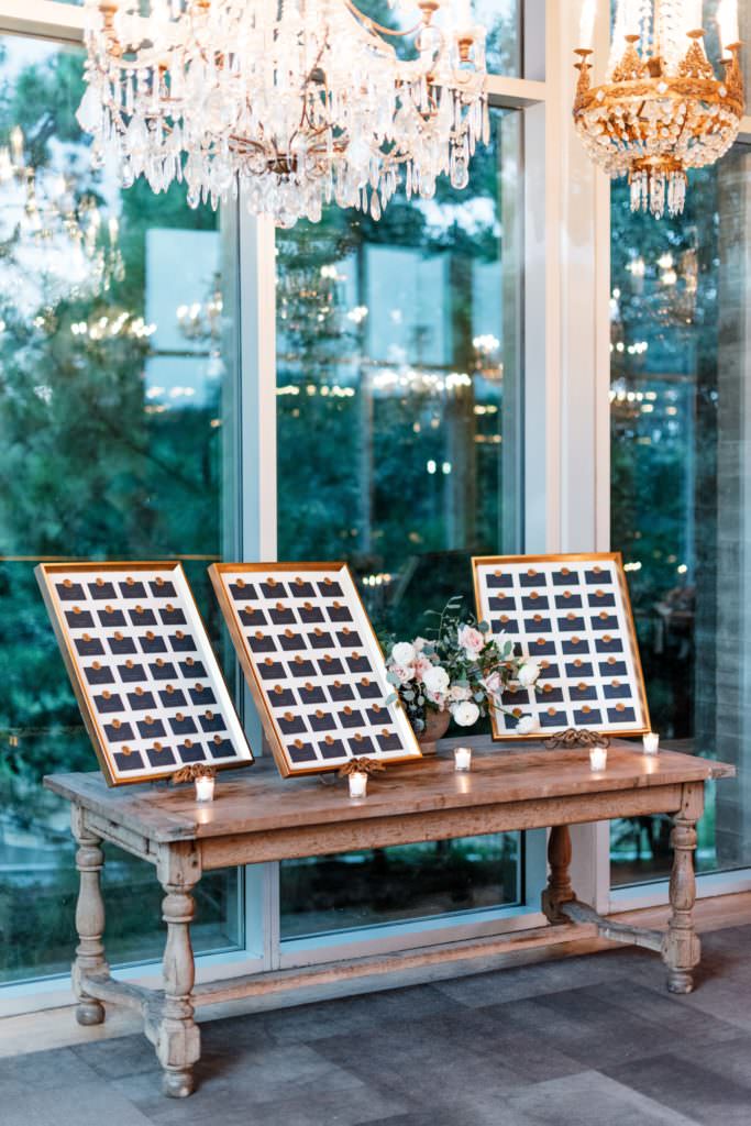 Wedding Guest tables displayed on 3 signs set on a wooden table
