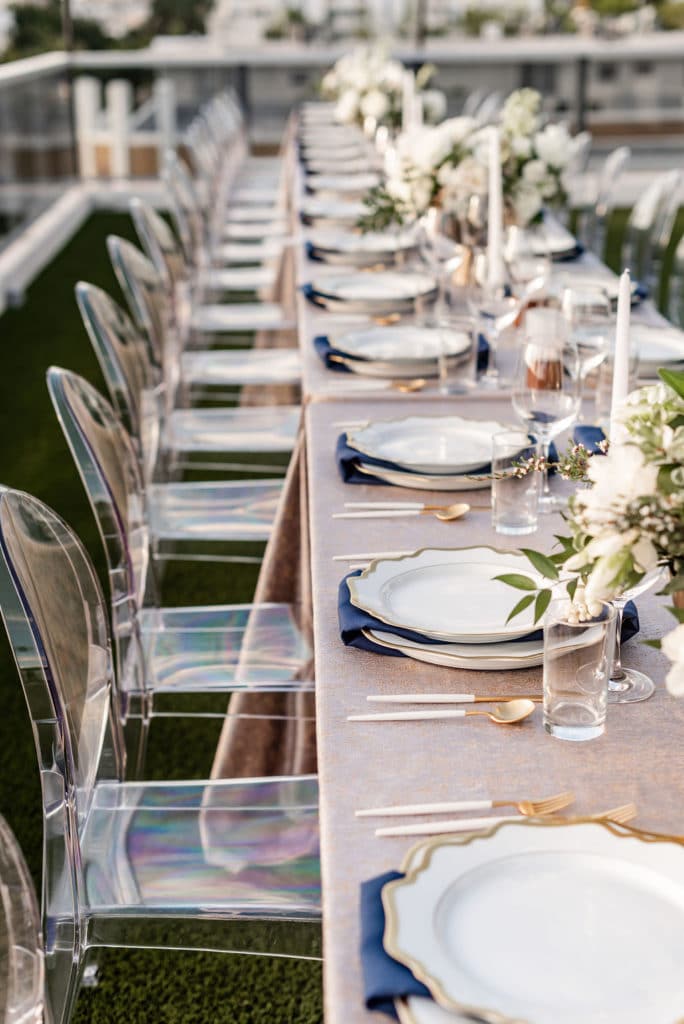 Table setting at modern outdoor wedding