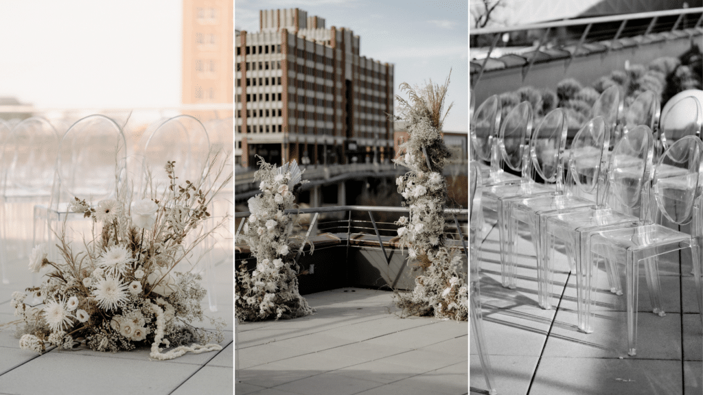 Floral ceremony designs at Houston wedding at Sunset Coffee Building