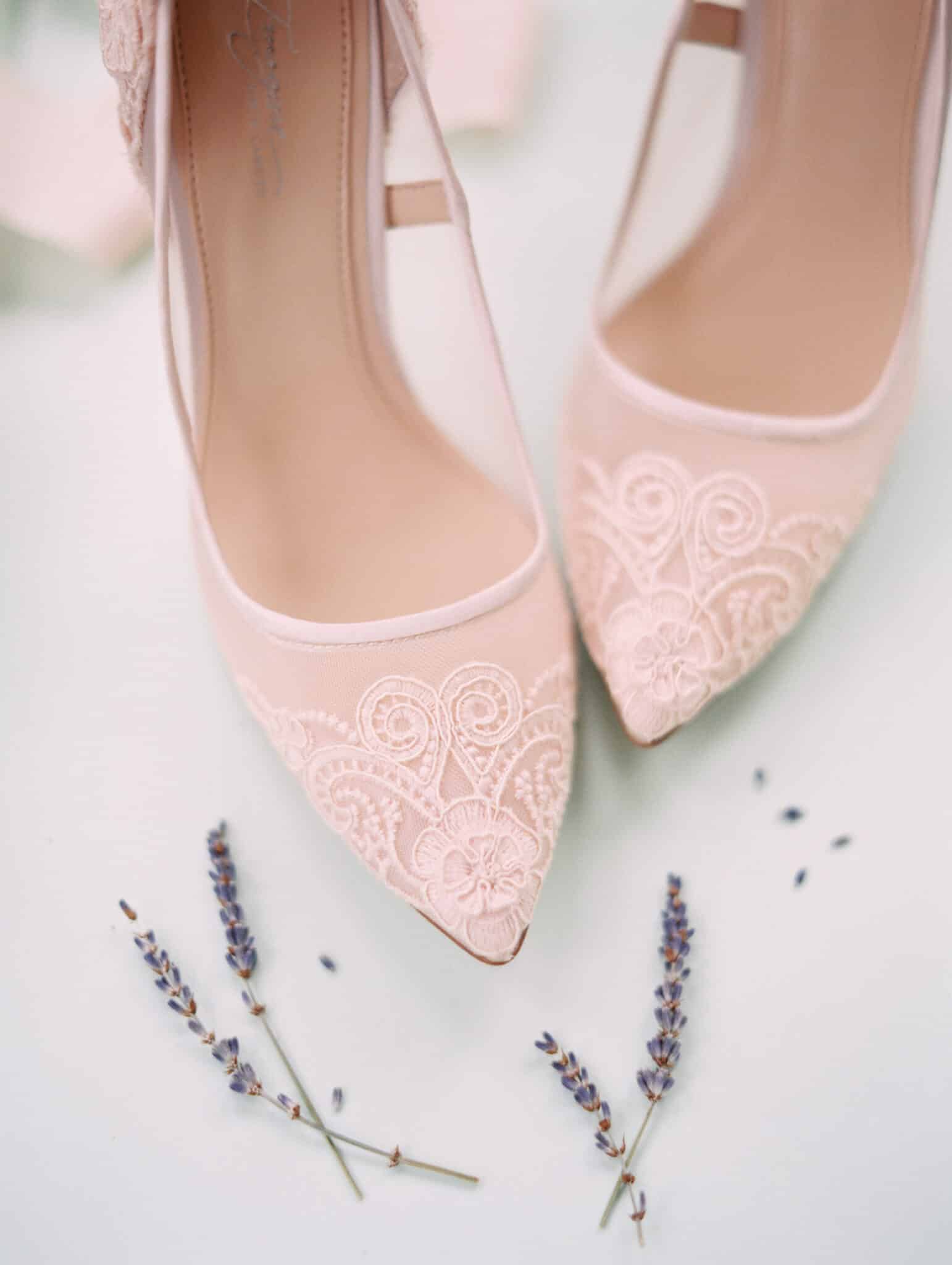Pale pink shoes for bride with lace detailing